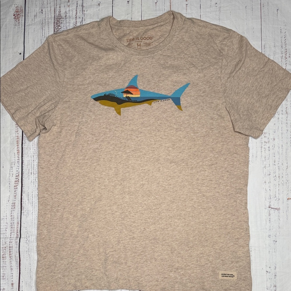 Life Is Good Tan Shark Graphic Tee Size M